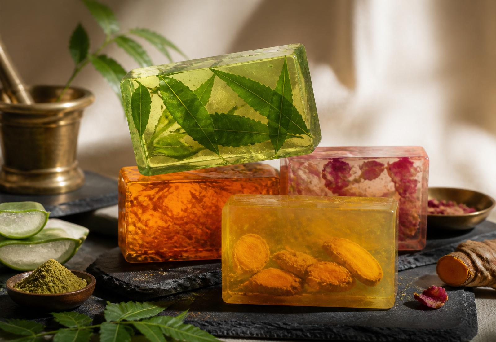 Ayurvedic glycerine soap bars with neem, turmeric and rose petal inclusions